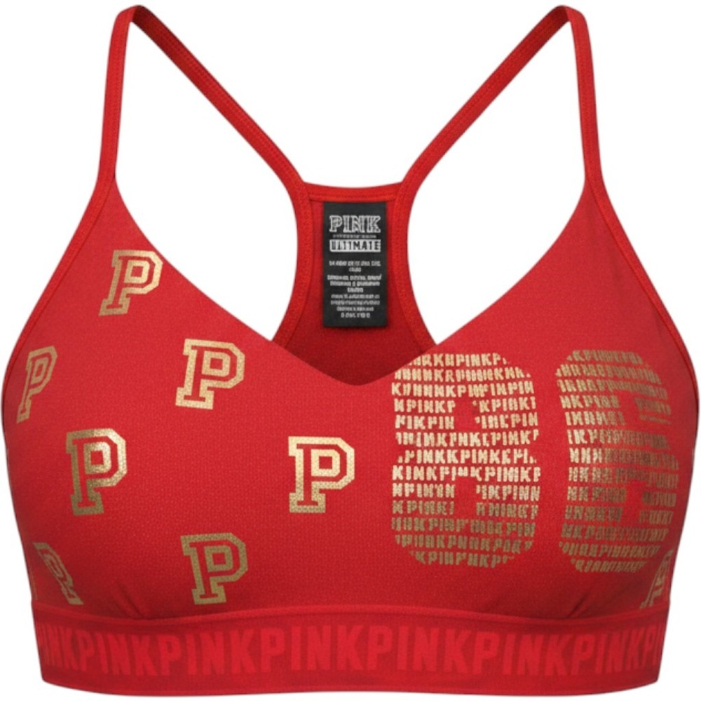 Victoria's Secret PINK Ultimate Red Gold Logo Lightly Lined Sports Bra Medium - Picture 2 of 4